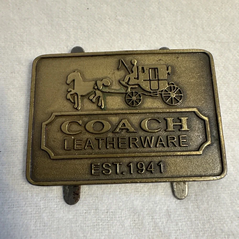 Engraved COACH LEATHERWARE Raised Horses Carriage Brass Charm Tag Belt Logo
